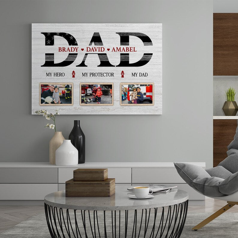 Custom Gift For Firefighter Dad, Personalized My Hero My Protector Canvas, Fireman's Lover Gift