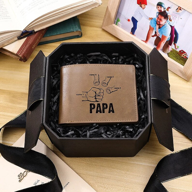 Papa Wallet Fist to Fist - PU Leather Wallet -Dad and Kids Name Wallet - Gift for Husband, Dad
