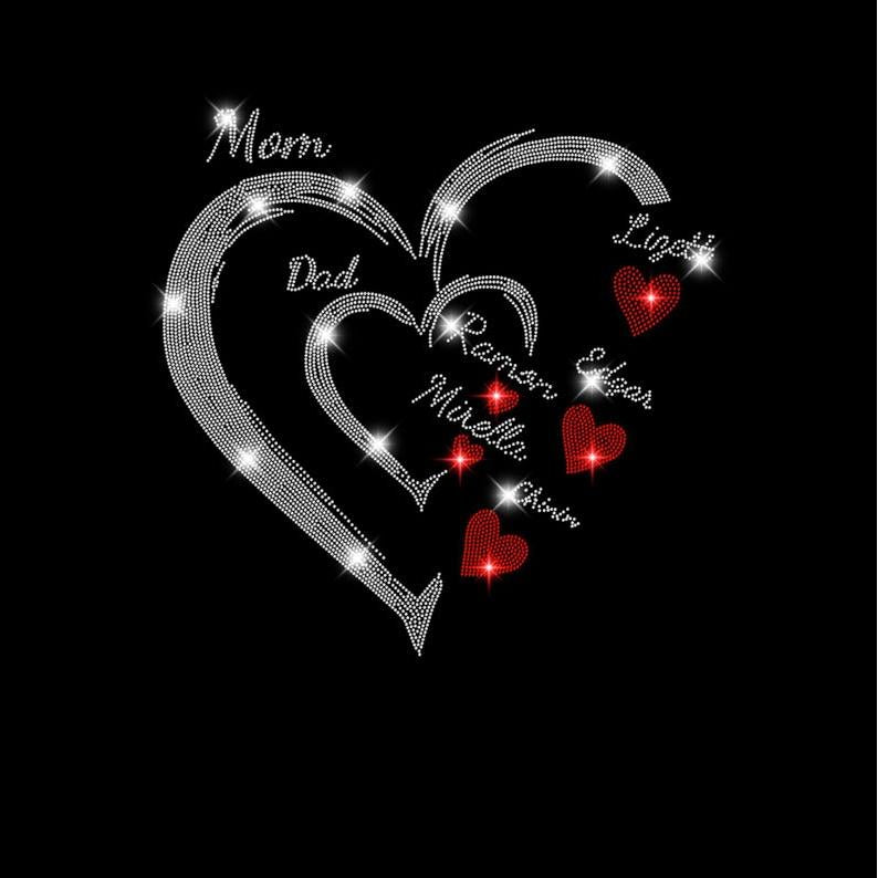 Custom Family Heart Rhinestone Shirt - Mom Dad Kids Names Personalized Shirt
