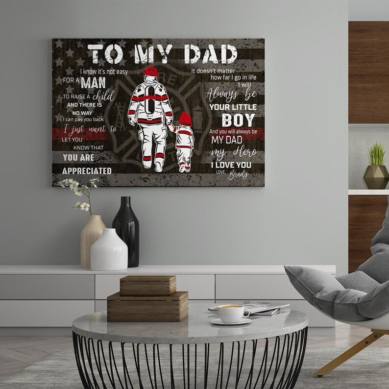 Personalized Canvas Gift Firefighter Dad, Custom To My Dad Canvas, Gift For Dad