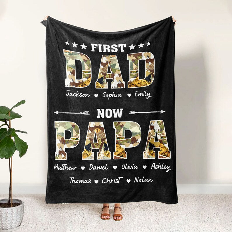 Custom First Dad Now Grandpa Soft Cozy Sherpa Fleece Throw Blankets, Father's Day Gift For Dad