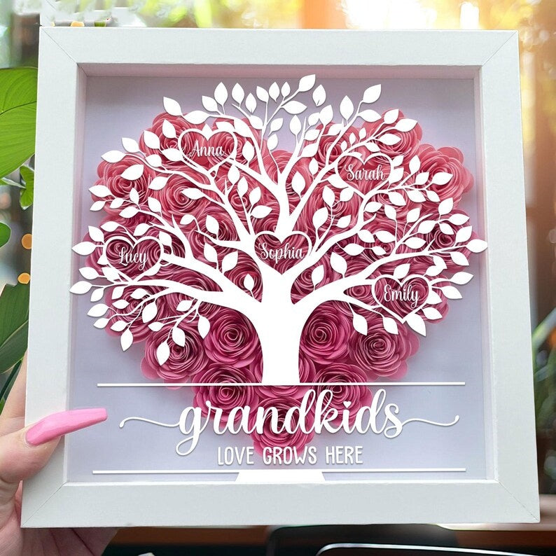 Custom Grandma Tree Of Life - Name Of Kids Flower Shadow Box