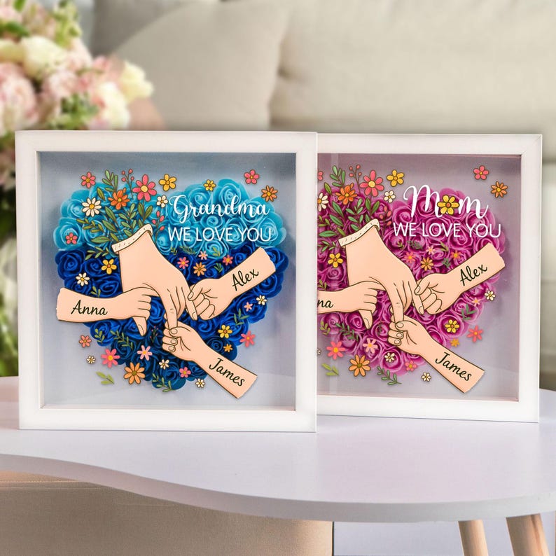 Custom Mom's Garden Kids' Names & Birth Flowers Shadow Box, Mother's Day Gift Decor
