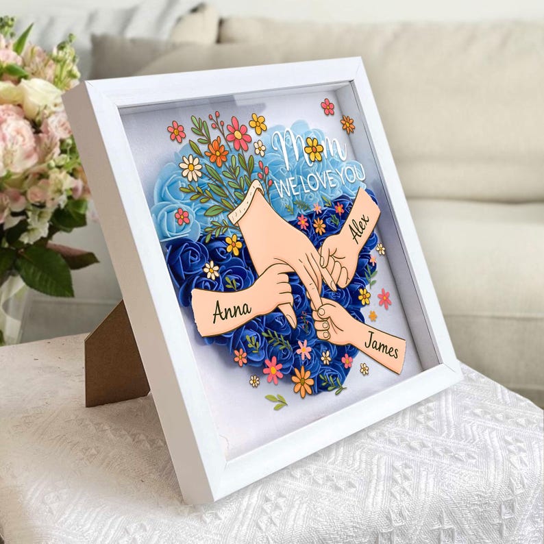 Custom Mom's Garden Kids' Names & Birth Flowers Shadow Box, Mother's Day Gift Decor