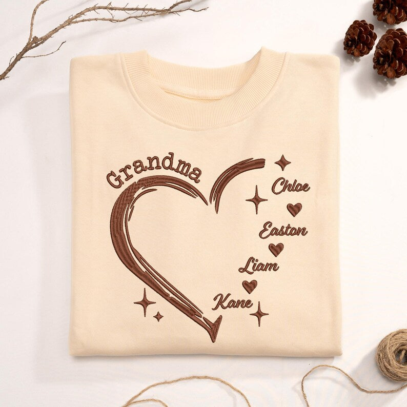 Custom Grandma Heart Grandkid Name Embroidered Sweater