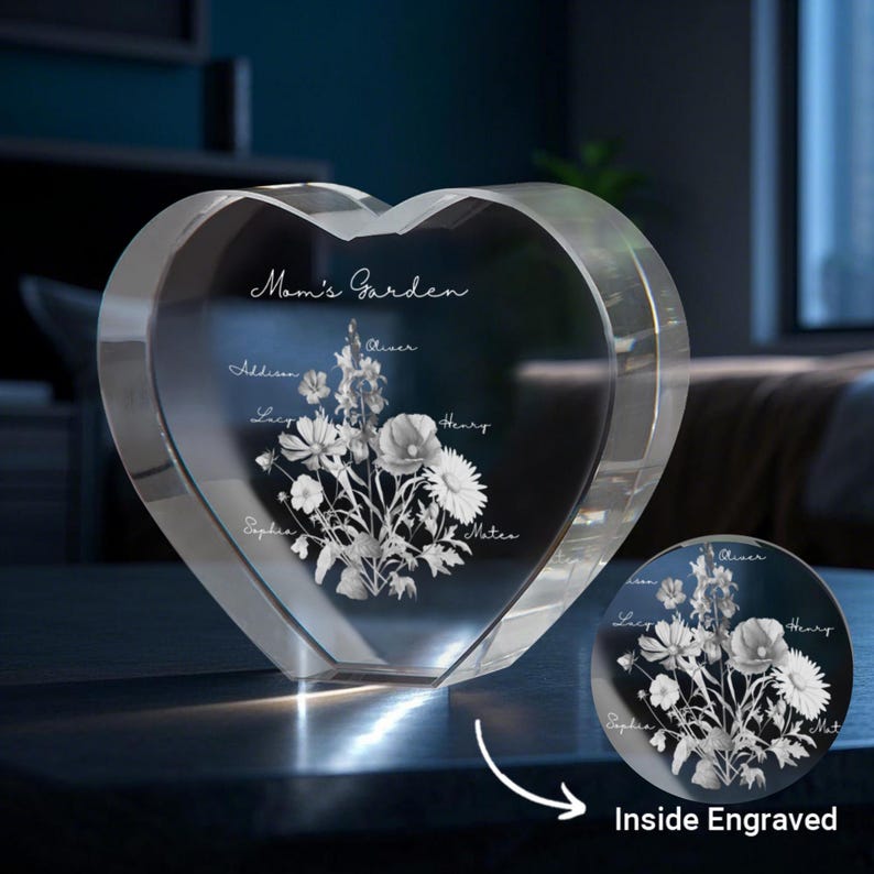 Custom Engraved Birth Month Flower Bouquet In 3d Heart Crystal Unique Gift For Mom
