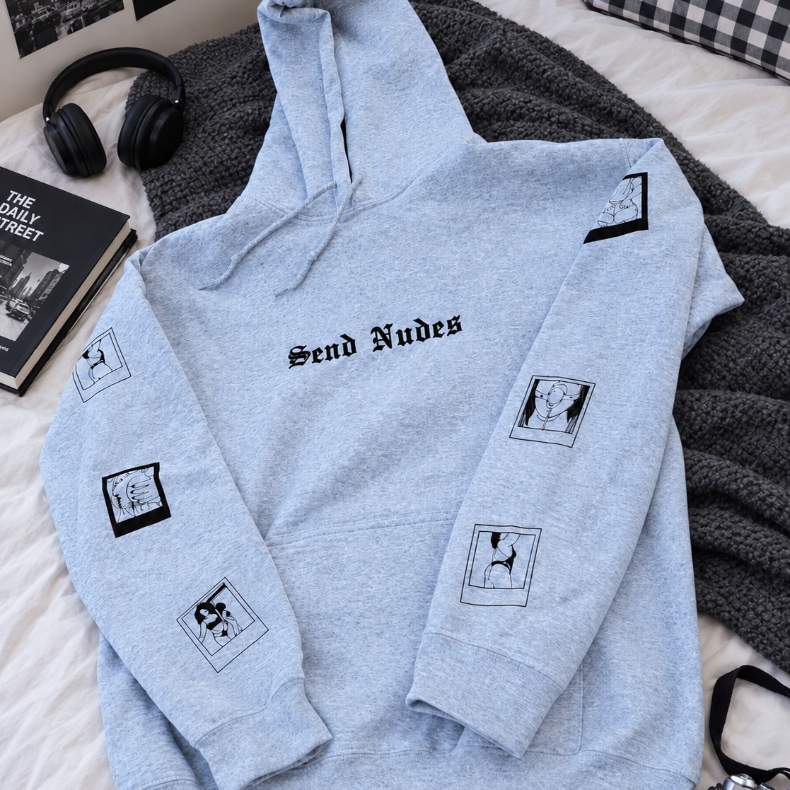 Send Nudes Graphic Hoodie — Custom Sleeve Photo Embroidery, Sexy Novelty Pullover for Men & Women