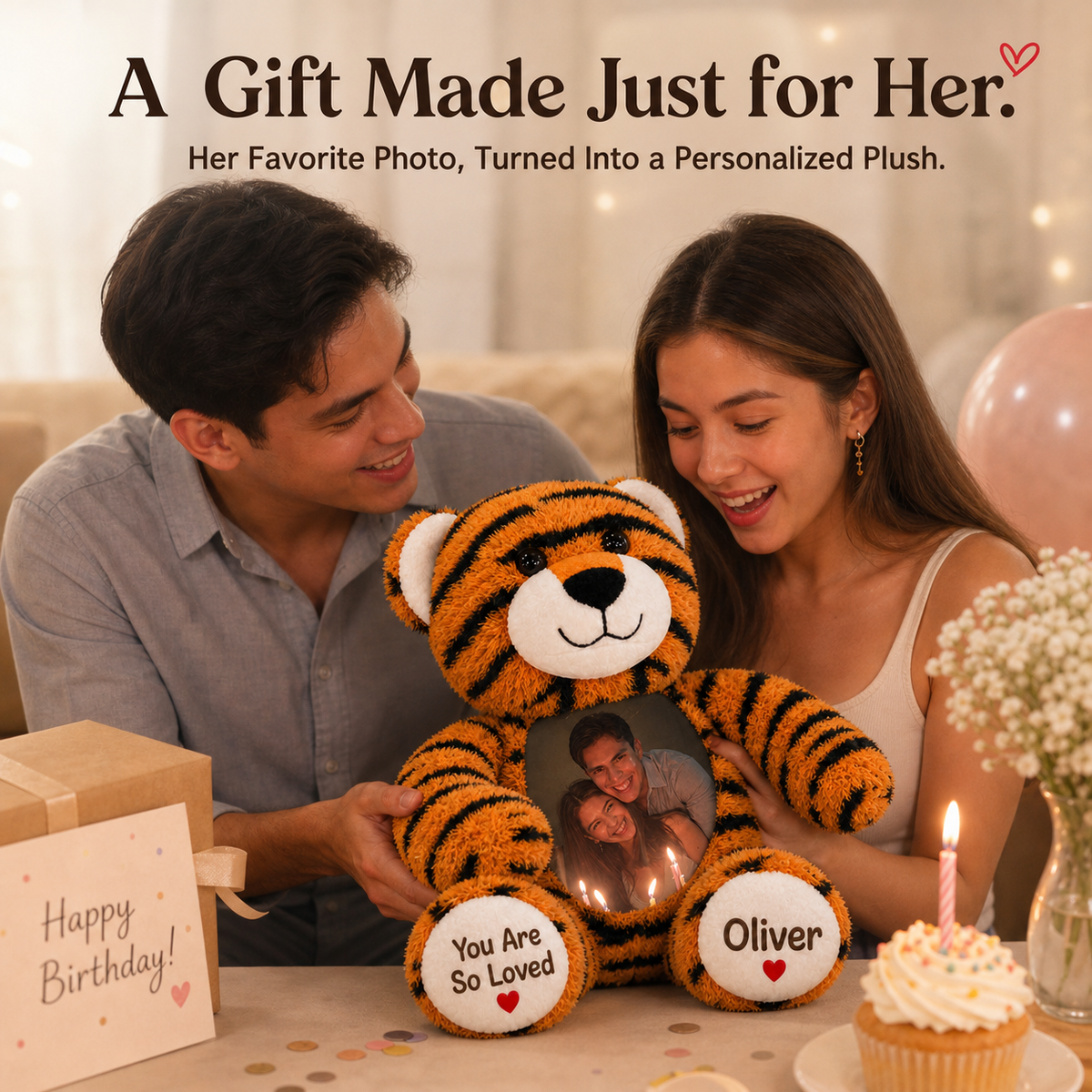 Custom Photo Tiger Plush Stuffed Animal — Personalized Name Toy, Birthday Keepsake, Christmas Gift for Child & Kids Gift