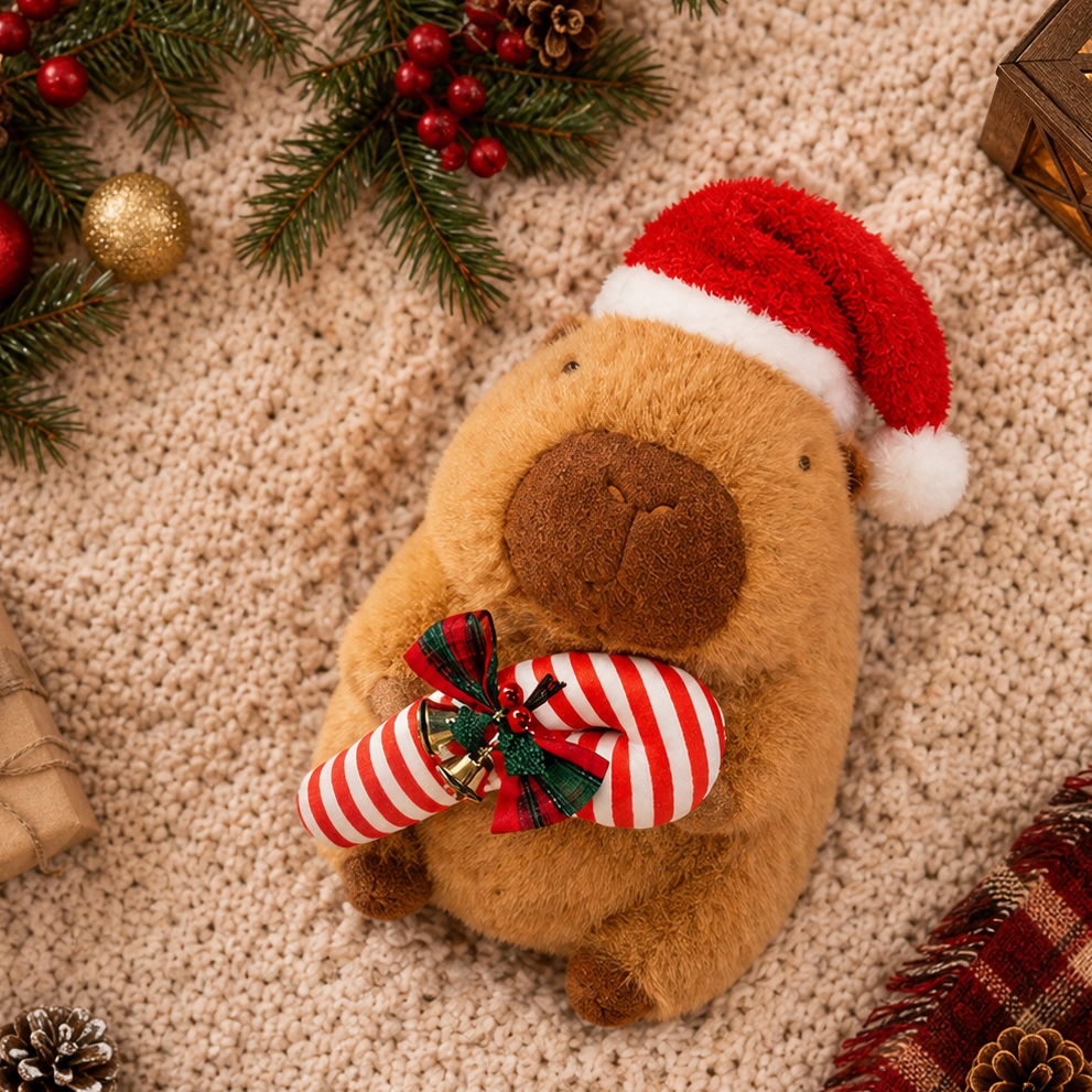 Christmas Capybara Plush with Santa Hat — Cute Holiday Stuffed Animal, Candy Cane Cozy Christmas Gift