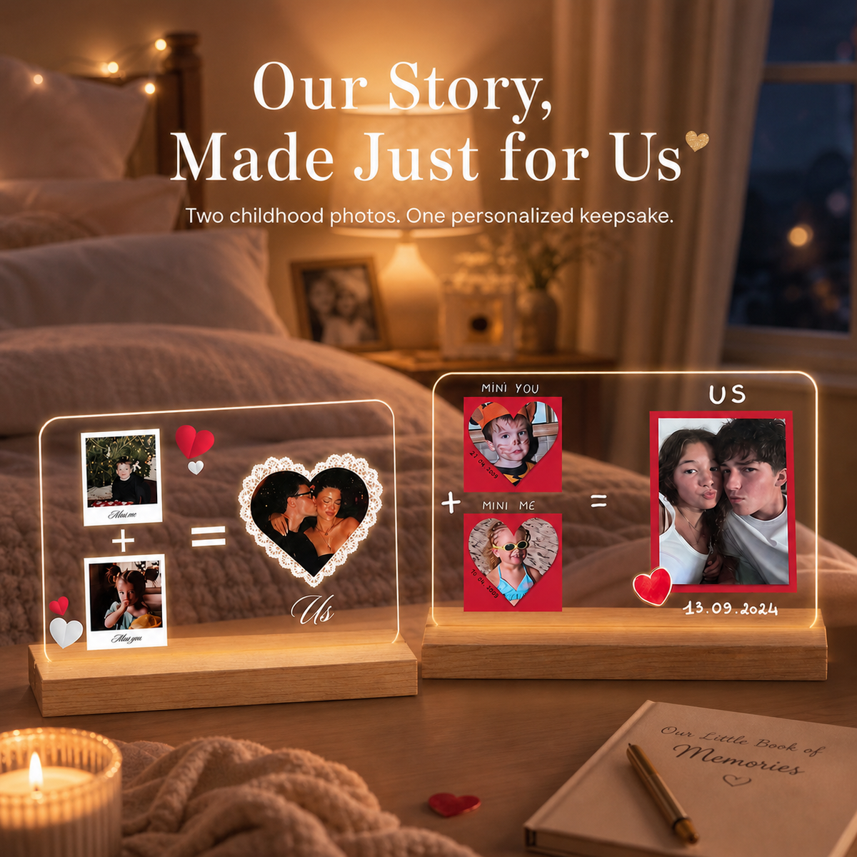 Personalized Mini You Mini Me Us Acrylic LED Night Light — Couple Childhood Photos & Current Portrait Gift