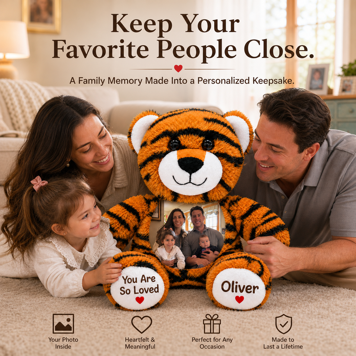 Custom Photo Tiger Plush Stuffed Animal — Personalized Name Toy, Birthday Keepsake, Christmas Gift for Child & Kids Gift
