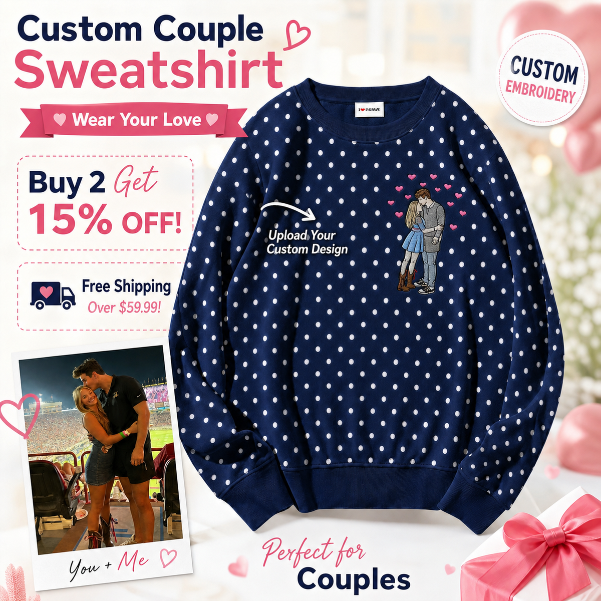 Custom Couple Photo Embroidery Polka Dot Top – Upload Your Favorite Picture, Personalized Portrait Sweatshirt / T-Shirt, Cute Gift for Her