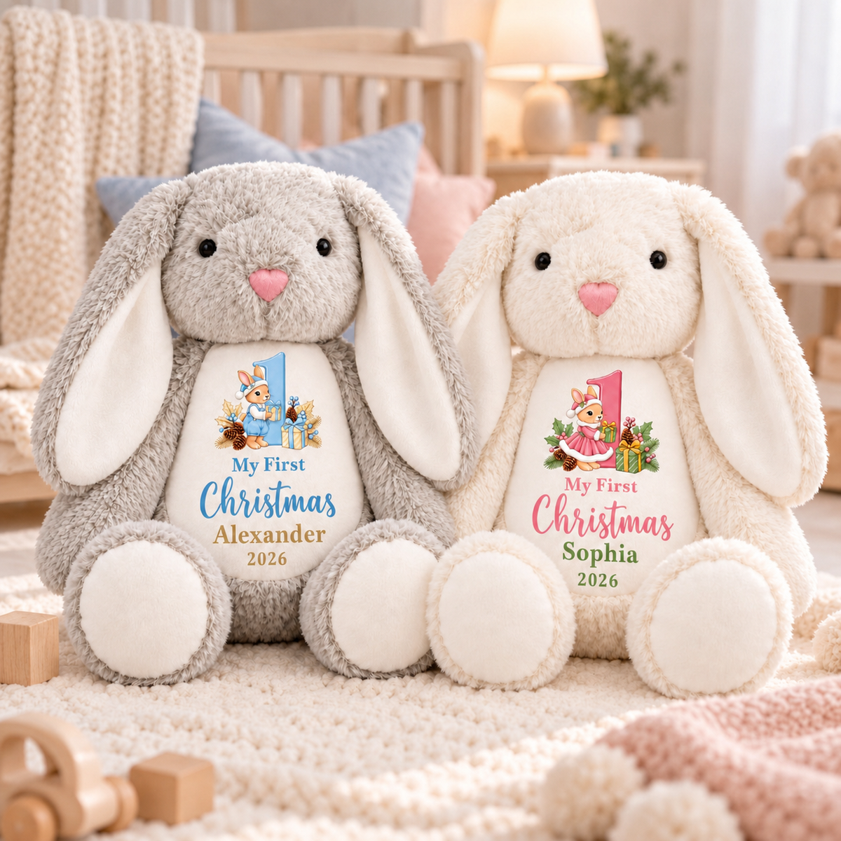 My First Christmas Bunny Plush — Custom Stuffed Rabbit, Personalized Baby's First Christmas Gift for Boy & Girl