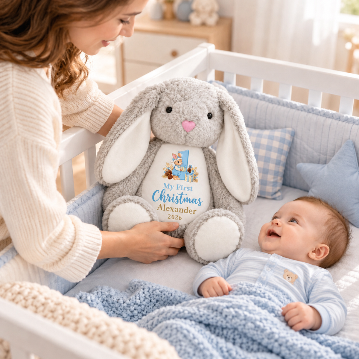 My First Christmas Bunny Plush — Custom Stuffed Rabbit, Personalized Baby's First Christmas Gift for Boy & Girl
