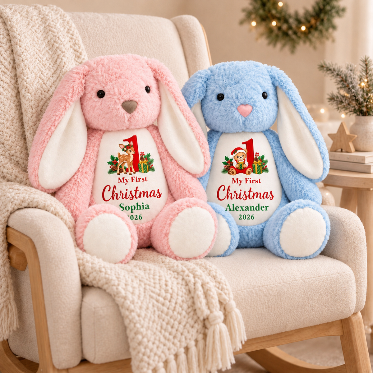 My First Christmas Bunny Plush — Custom Stuffed Rabbit, Personalized Baby's First Christmas Gift for Boy & Girl