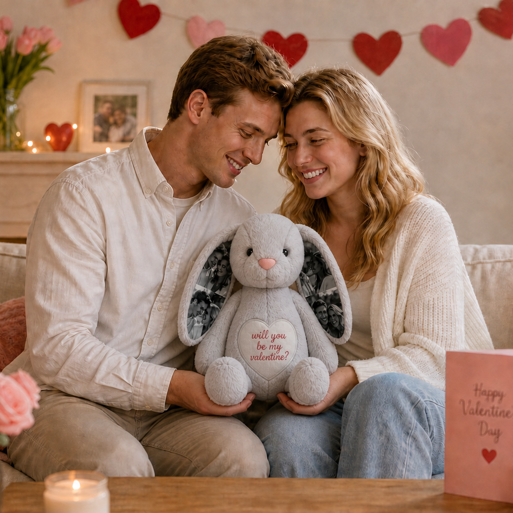 Custom Photo & Text Bunny Plush – Custom Photos on Ears + Hidden Message Under Sweater, Gift for Couples & Anniversaries