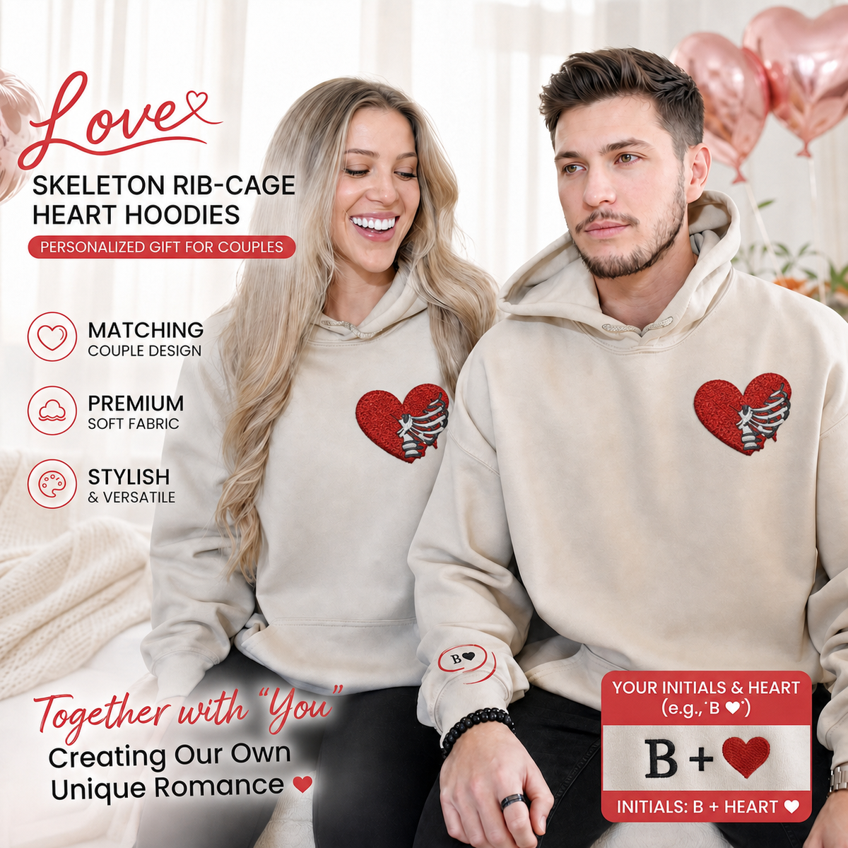 Custom Matching Hoodies for Couples – Skeleton Rib Cage Heart Embroidered Sweatshirts with Initial & Heart on Sleeve, Personalized Anniversary/Birthday Gift for Him & Her