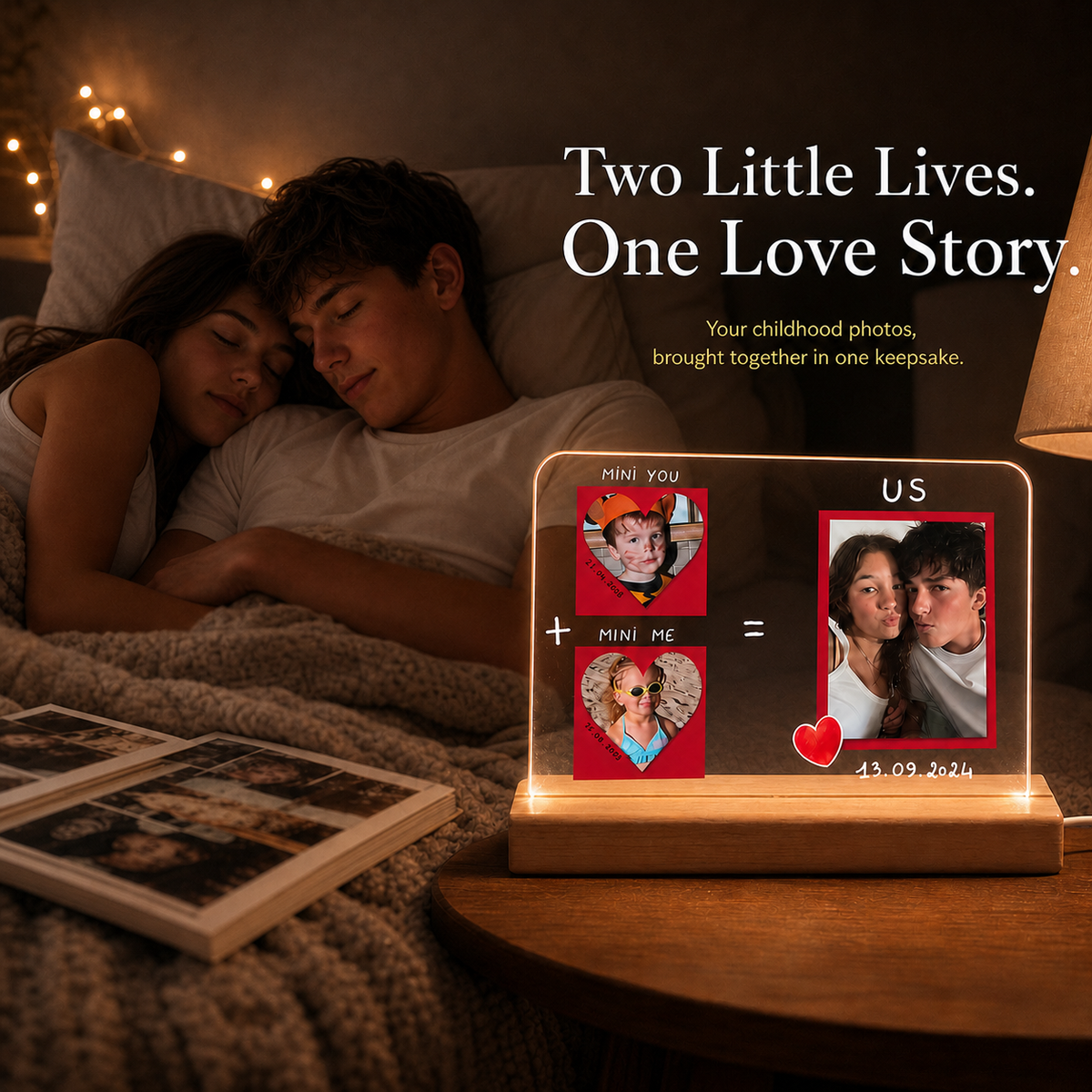 Personalized Mini You Mini Me Us Acrylic LED Night Light — Couple Childhood Photos & Current Portrait Gift