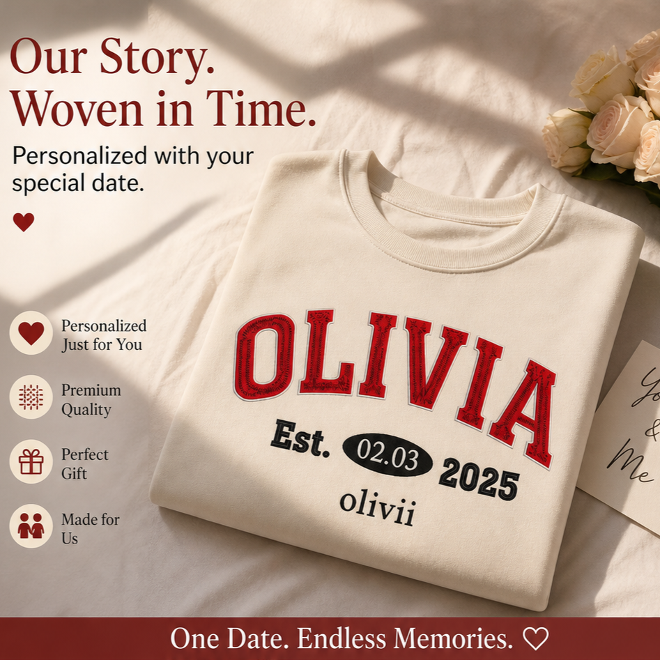 Custom Embroidered Couple‘s Sweatshirt – Personalized with Names, Anniversary Date & Your Special Text