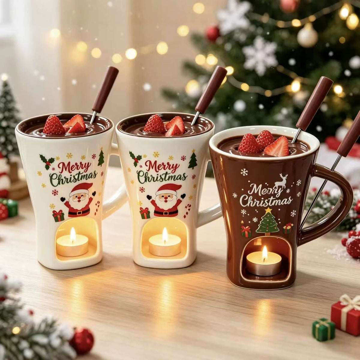 Holiday Ceramic Hot Chocolate Mug with Candle Warmer – Christmas Gift for Cocoa Lovers & S'mores Nights