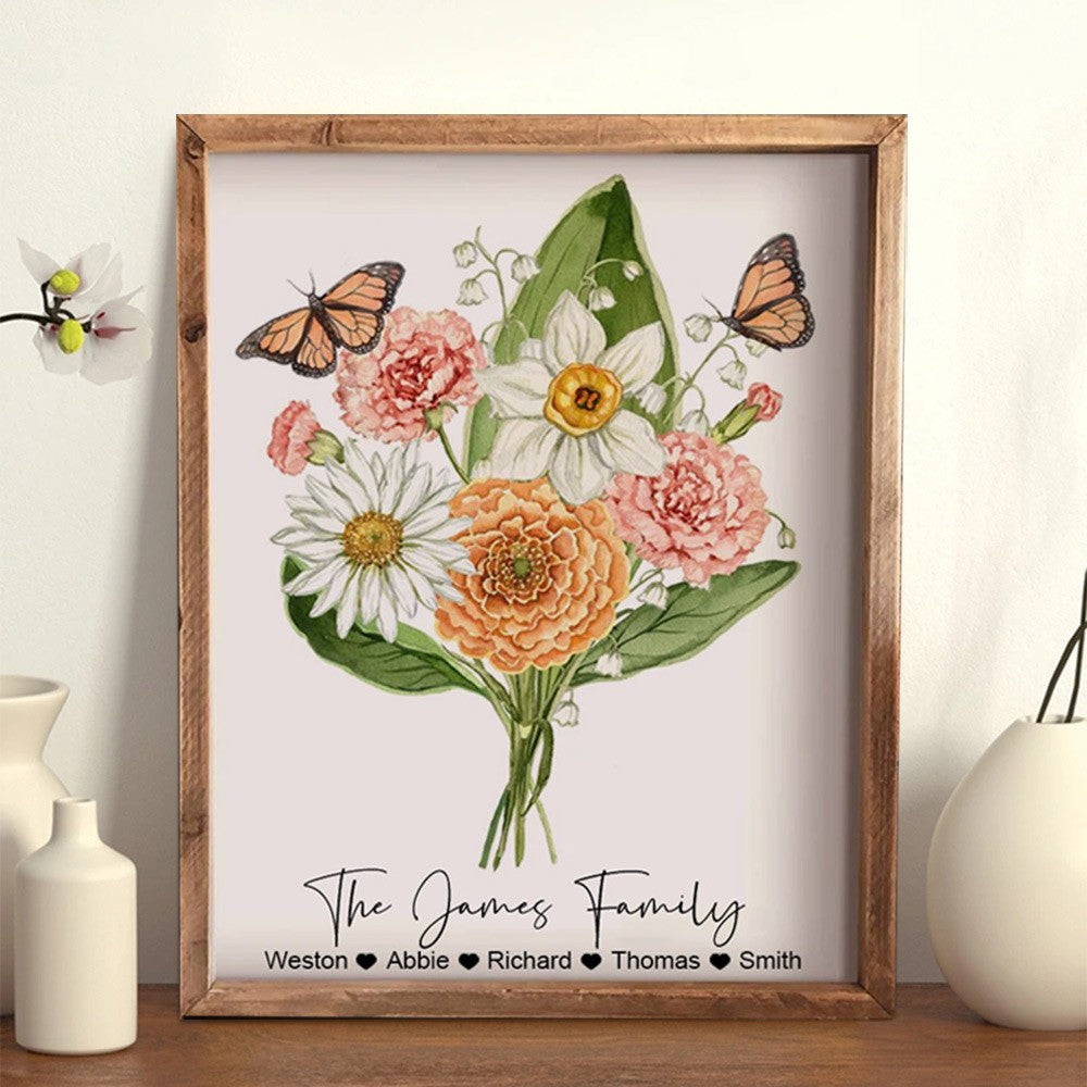 Mimi's Garden Birth Month Flowers Bouquet Custom Art Print with Kids Names Gifts