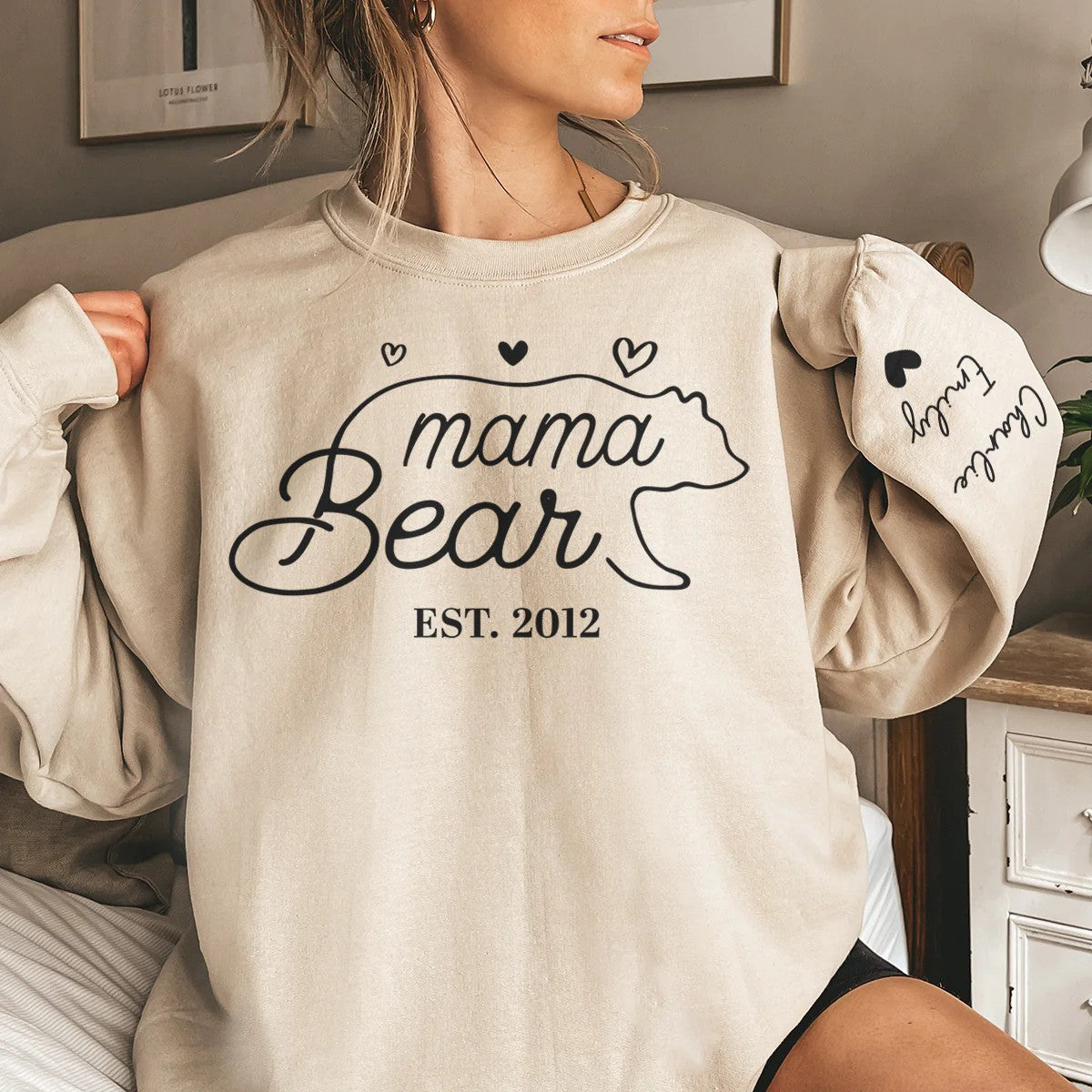This Mama Bear Wears Her Heart On Her Sleeve - Family Personalized Unisex Sweatshirt With Design On Sleeve - Gift For Mom