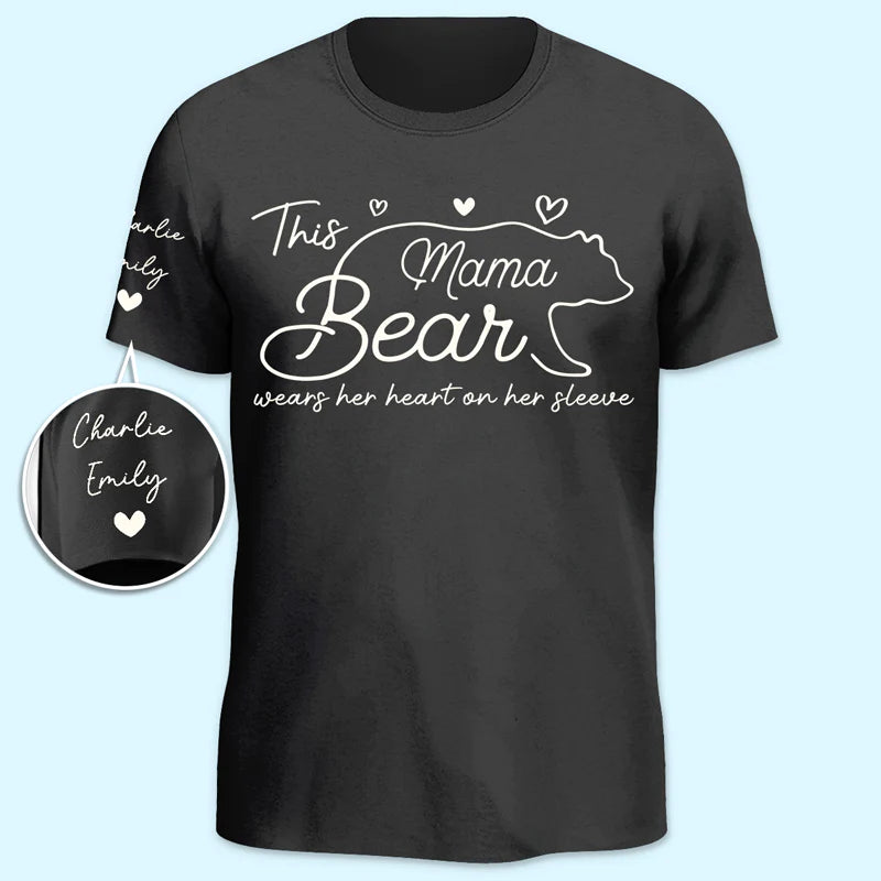 This Mama Bear Wears Her Heart On Her Sleeve - Family Personalized Unisex T-Shirt With Design On Sleeve - Gift For Mom