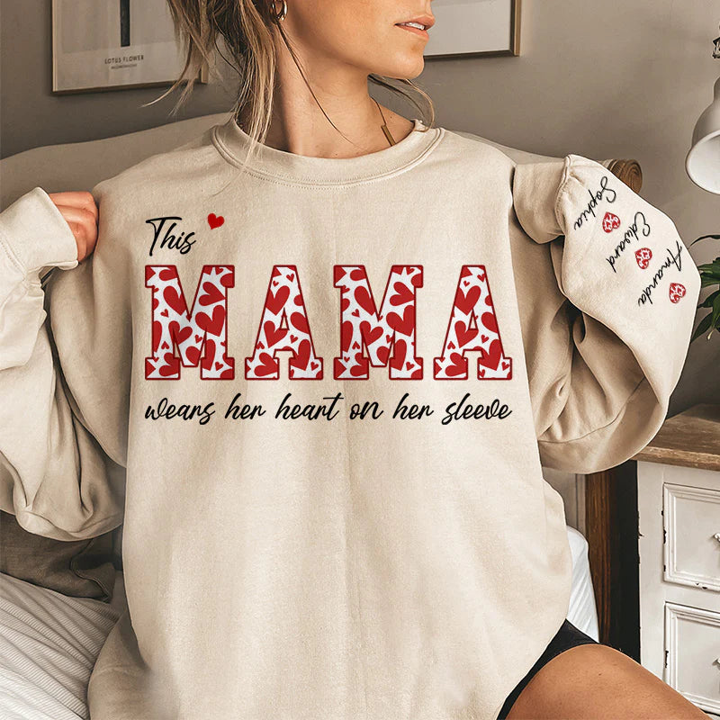 This Mama Wears Her Heart On Her Sleeve - Family Personalized Unisex Sweatshirt With Design On Sleeve - Birthday Gift For Mom, Grandma