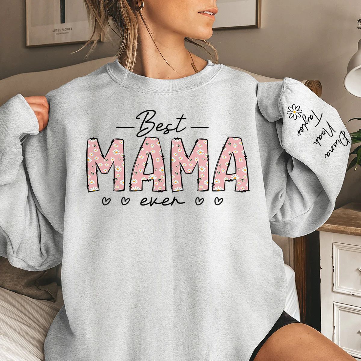 This Mommy Wears Her Heart On Her Sleeve - Family Personalize Unisex Sweatshirt With Design On Sleeve - Birthday Gift For Mom, Grandma