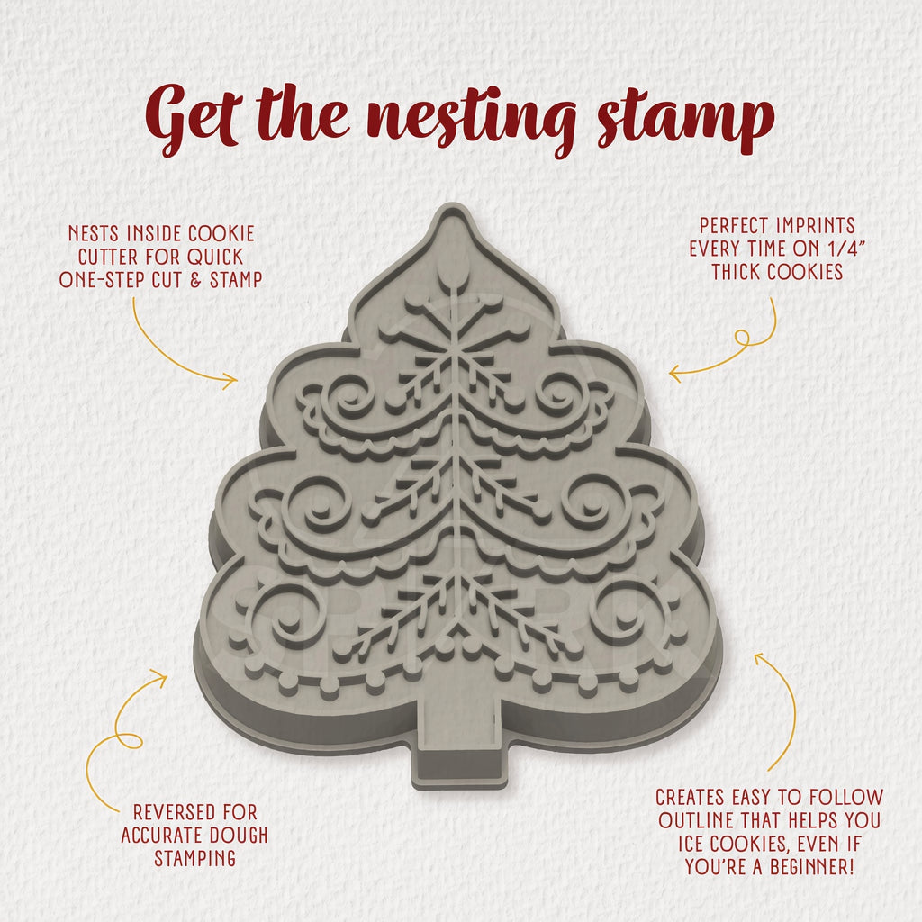 Christmas Tree Cookie Stamp and Cutter — Holiday Baking Tool with Festive Tree Design