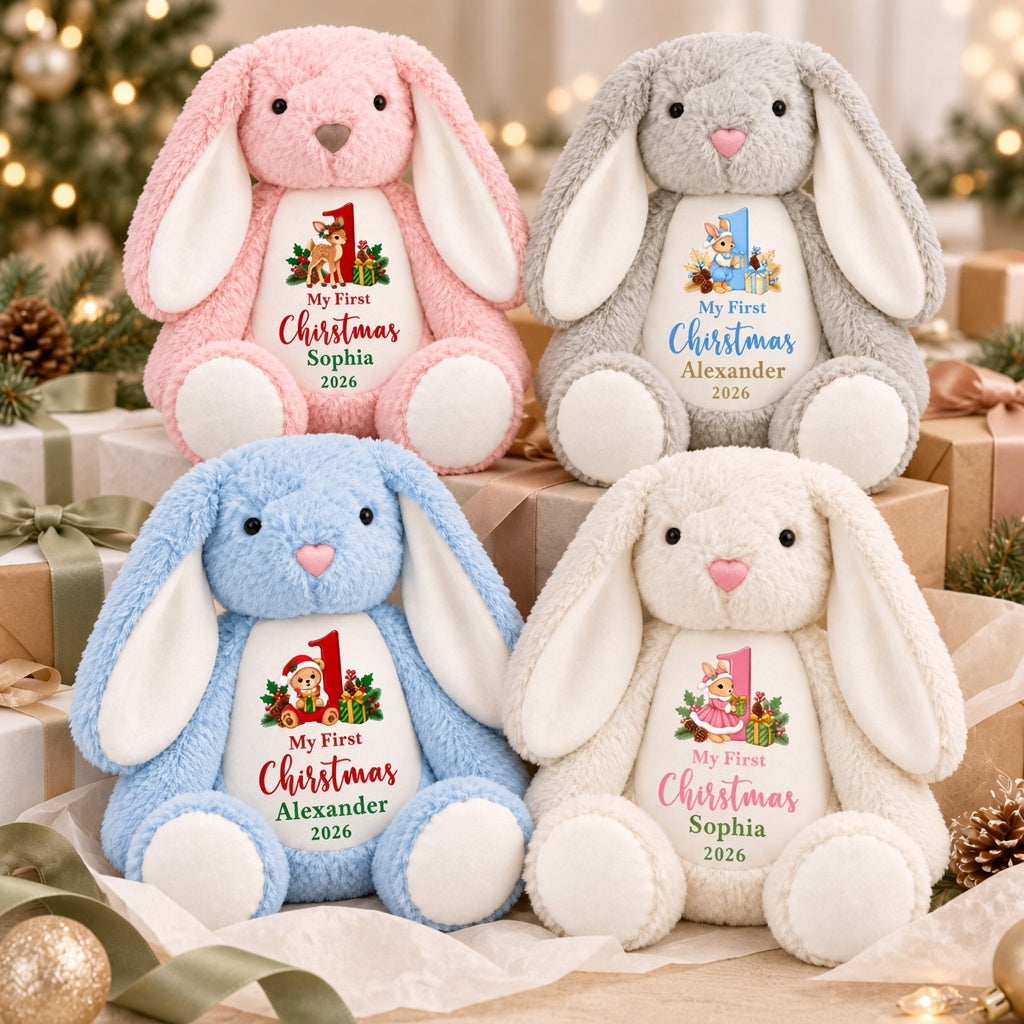 My First Christmas Bunny Plush — Custom Stuffed Rabbit, Personalized Baby's First Christmas Gift for Boy & Girl
