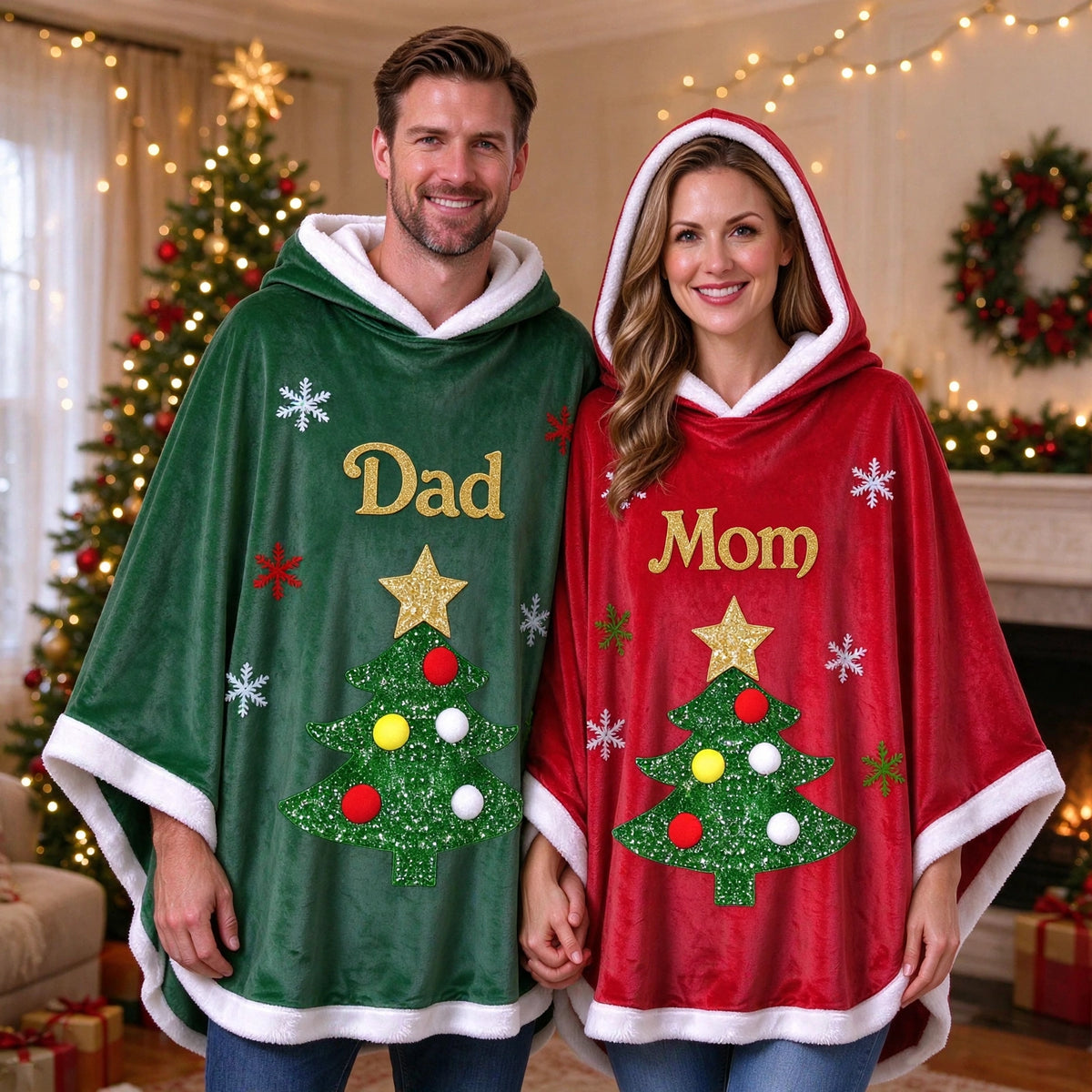 Custom Red or Green Christmas Capes for Family – Holiday Cloak for Adults & Kids, Matching Party Outerwear for Couples, Parents & Children