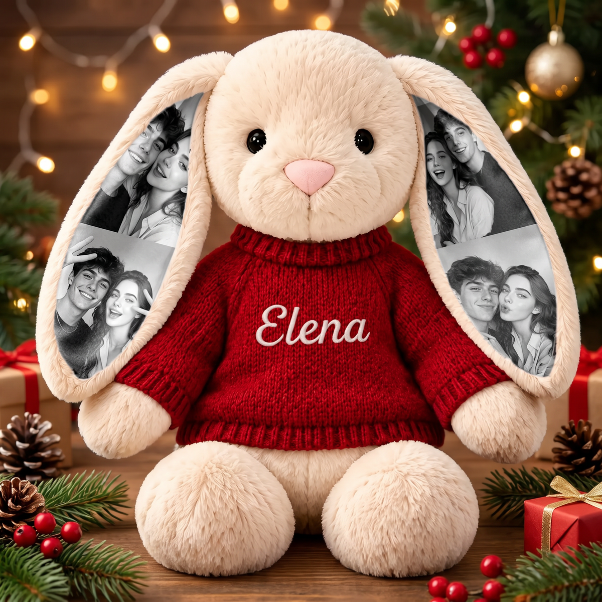 Custom Photo Bunny Plush with Name & Red Christmas Sweater — Long-Ear Rabbit Stuffed Animal, Christmas Holiday Gift