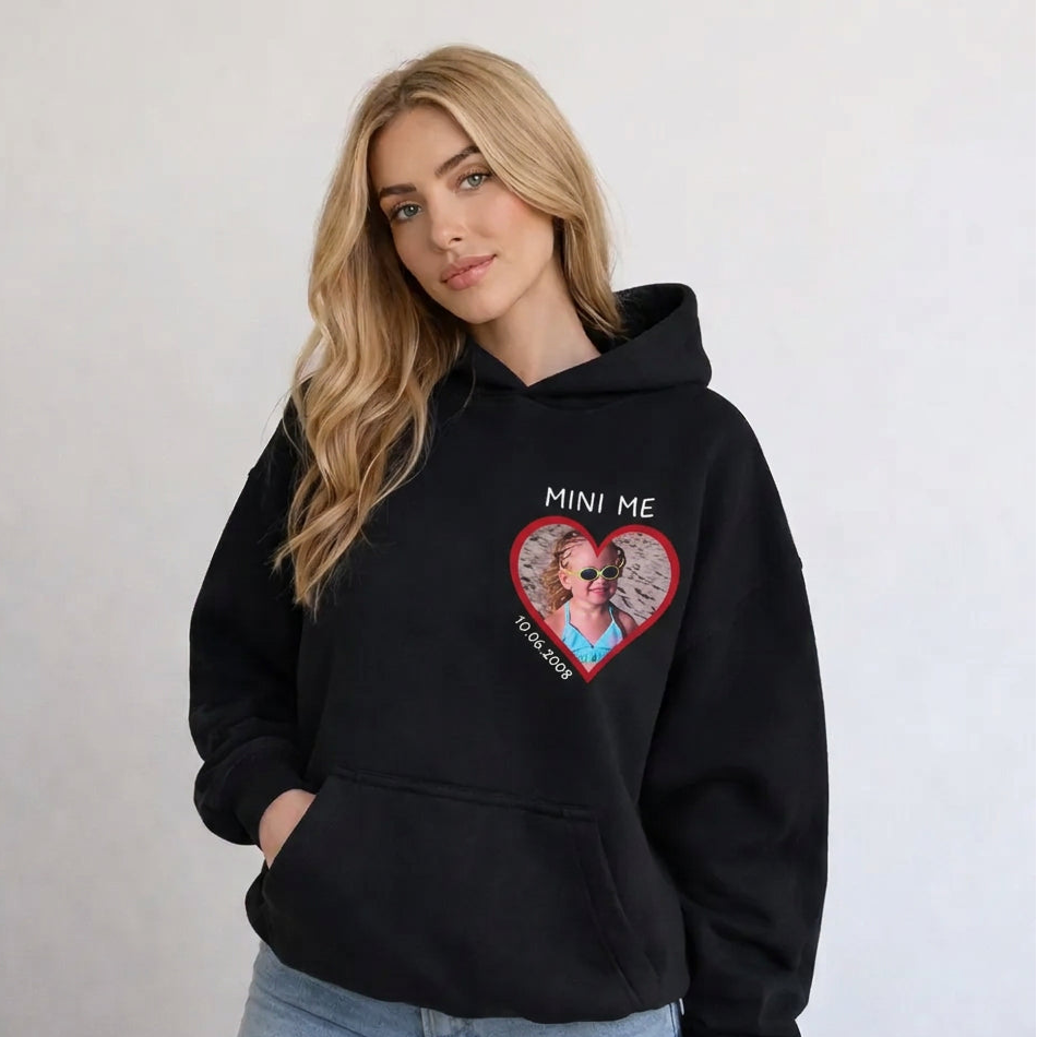 Custom Heart Photo Couple Sweatshirt – Mini You & Mini Me Design with Special Date, Personalized Gift for Him & Her