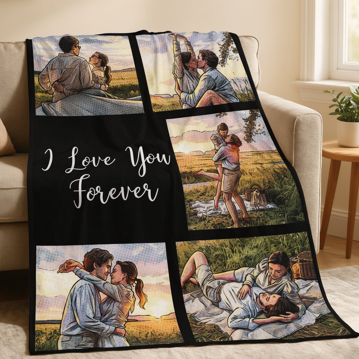 Custom 5 Photos Comic Style Blanket – "I Love You Forever" Personalized Plush Throw, Couple Memory Gift