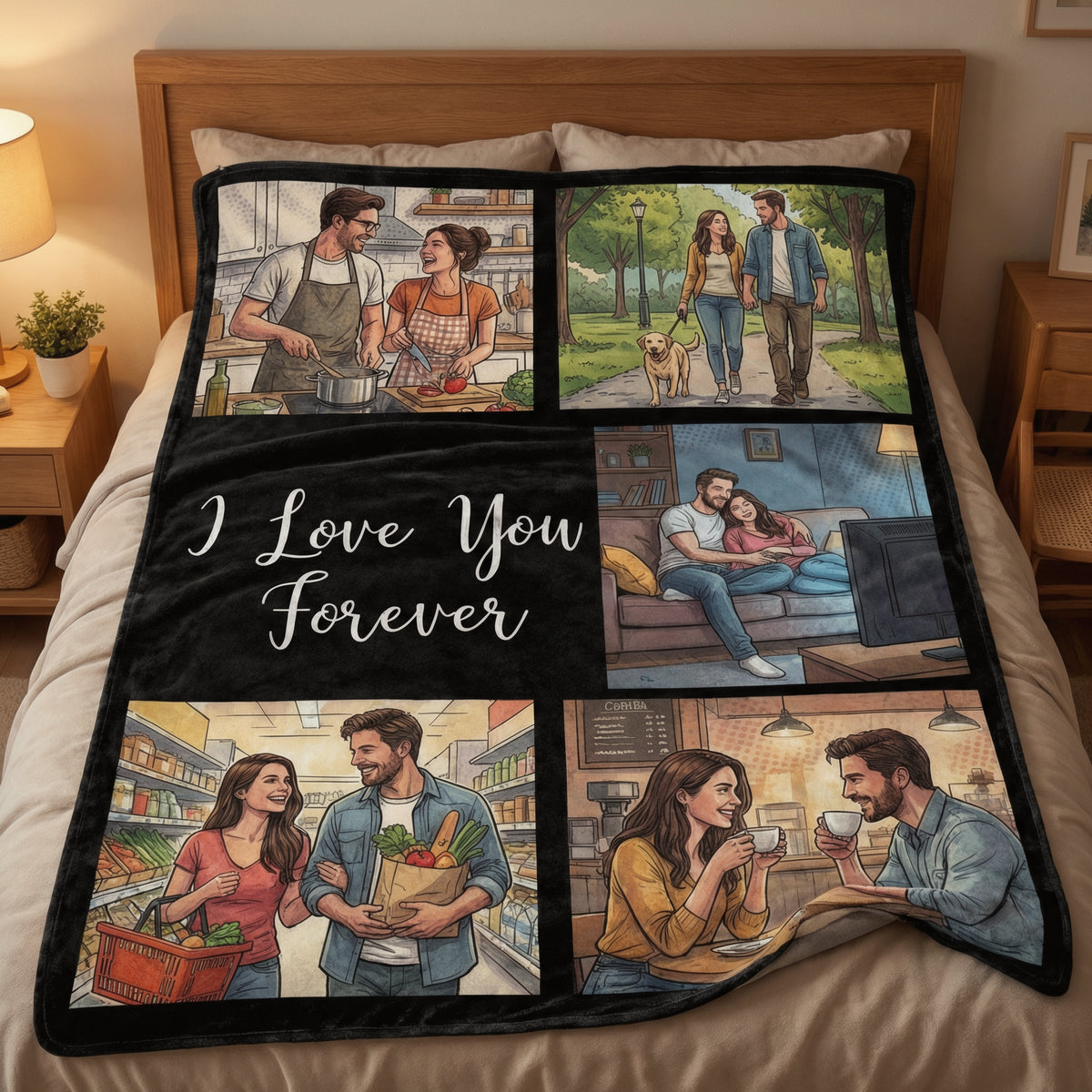 Custom 5 Photos Comic Style Blanket – "I Love You Forever" Personalized Plush Throw, Couple Memory Gift