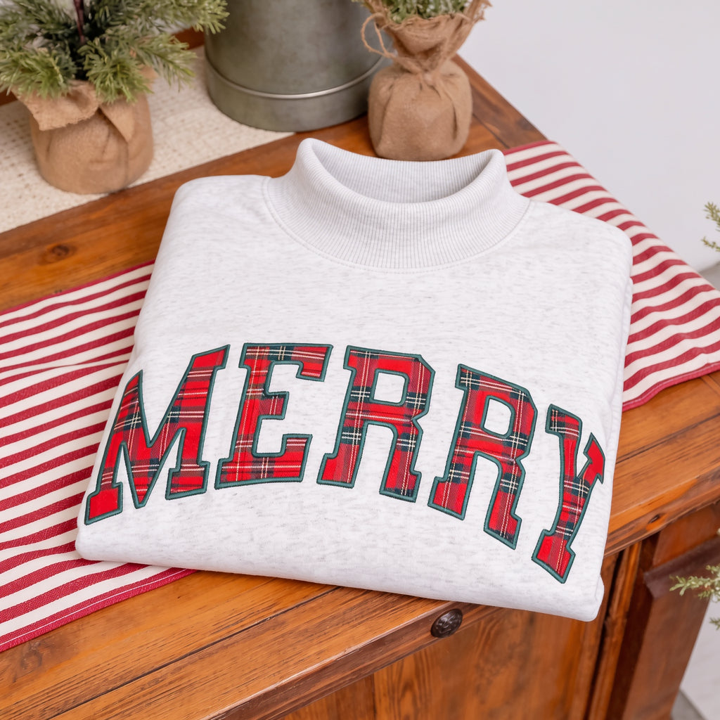 Merry Plaid Gingham Mockneck Sweatshirt — Custom Text, Festive Holiday Style