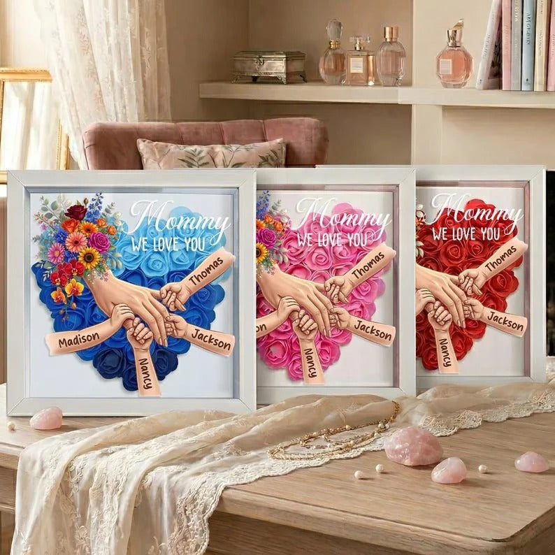 Custom Mommy Holding Hands Shadow Box – Custom Mixed Skin Tone Hands & Kids Names Floral Heart Frame Gift for Mom & Grandma | Mother’s Day Gift