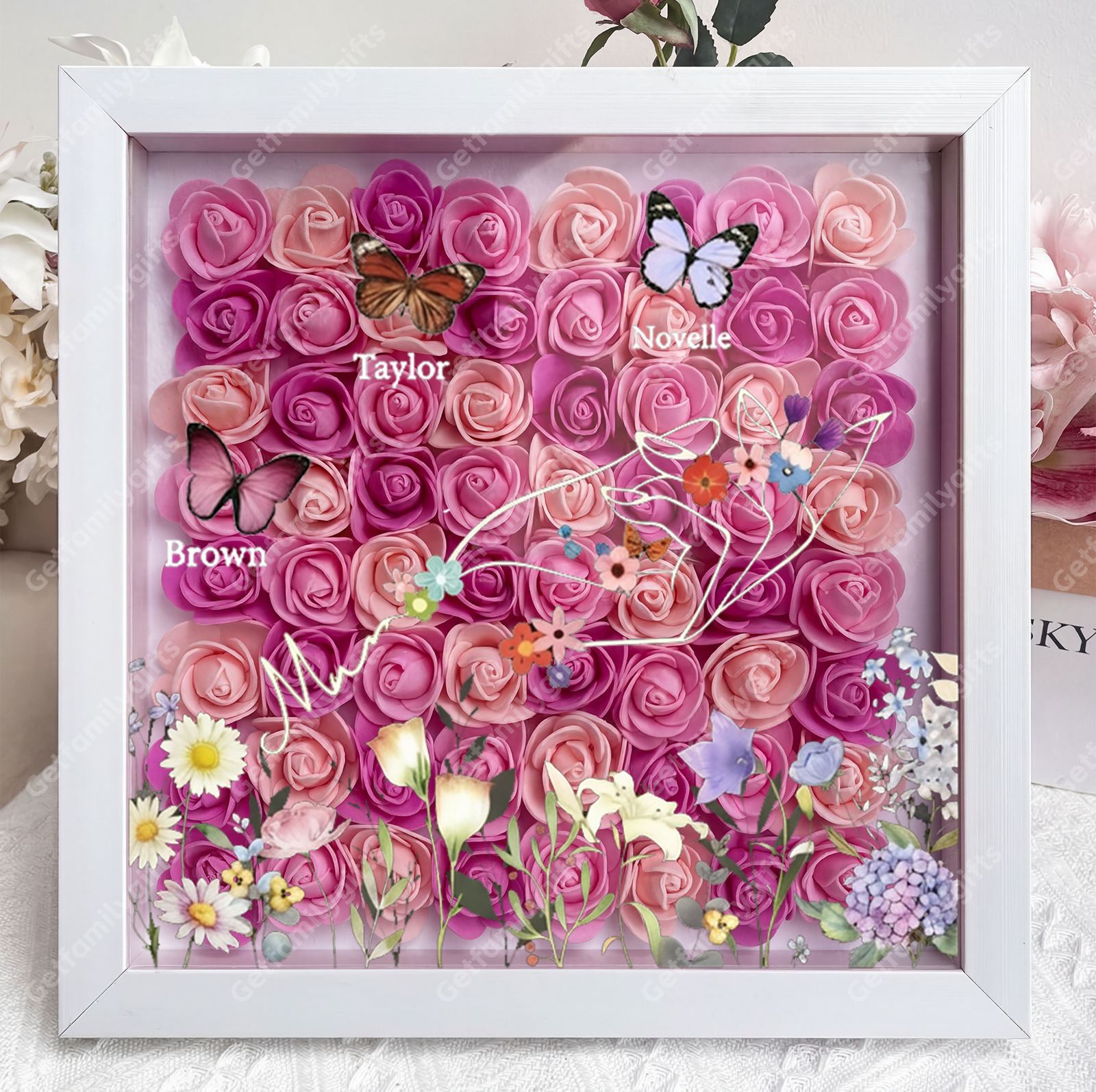 Custom flower shadow box with butterfly kid names-gift for mother's day