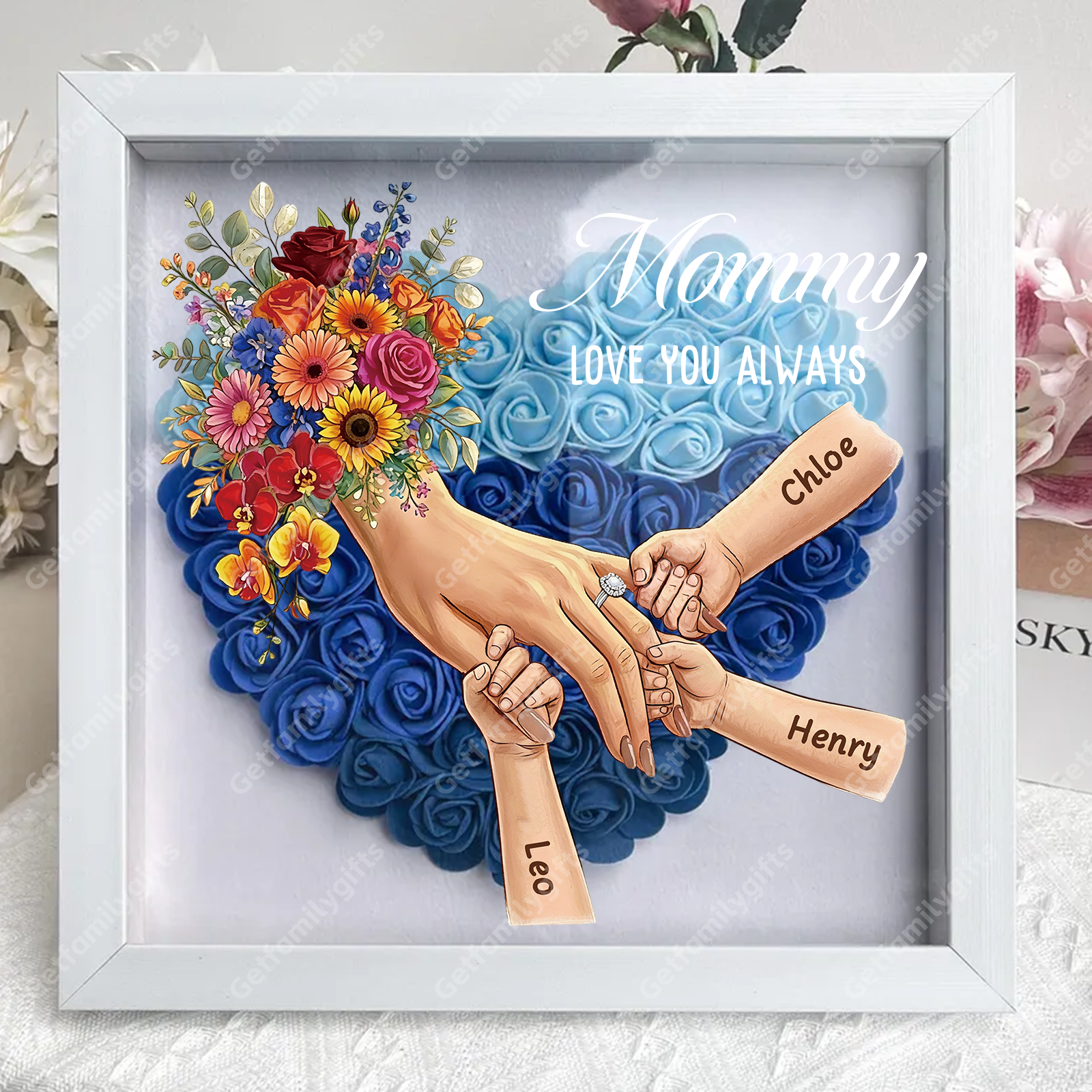 Personalized Mommy Holding Hands Shadow Box with Ring & Manicure – Custom Kids Names Floral Heart Frame, Premium Mother’s Day Gift