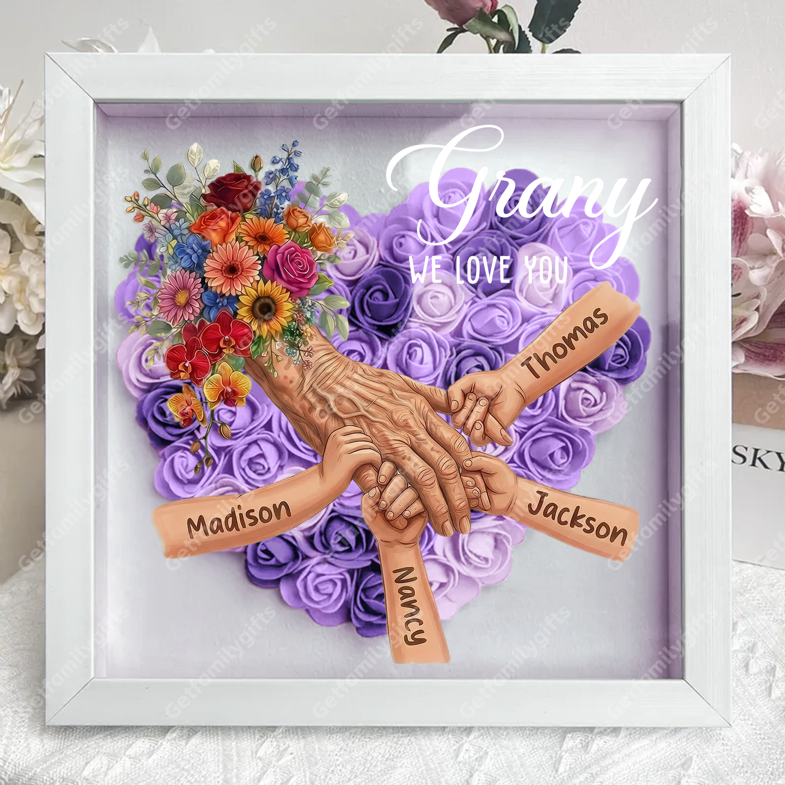 Personalized Grandma Hand Holding Shadow Box – Custom Names Rose Heart Frame for Nana | Mother’s Day Gift from Grandkids