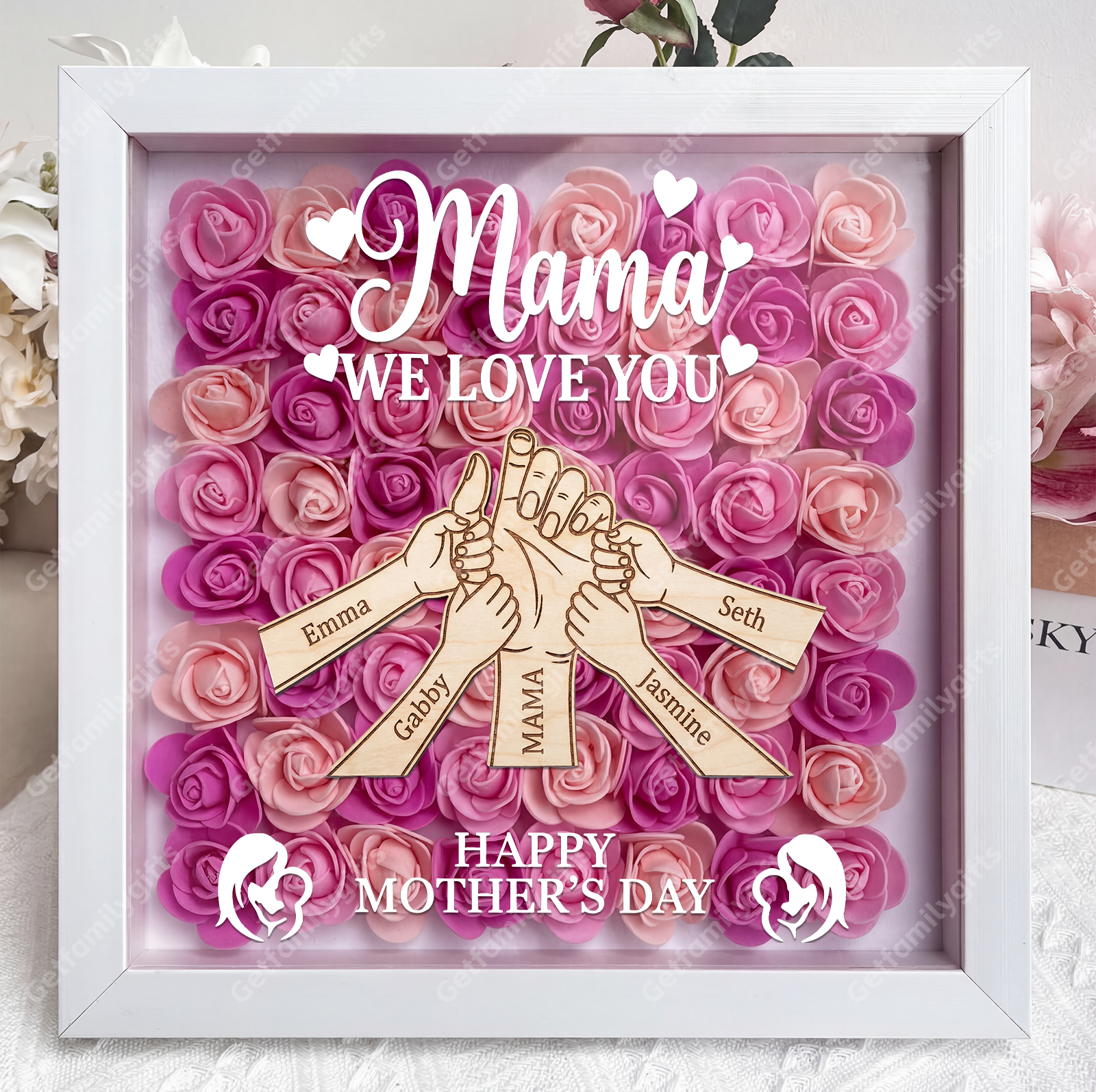Personalized Mom Hand-in-Hand Shadow Box – Wooden 3D Heart Flower Frame With Kids Names