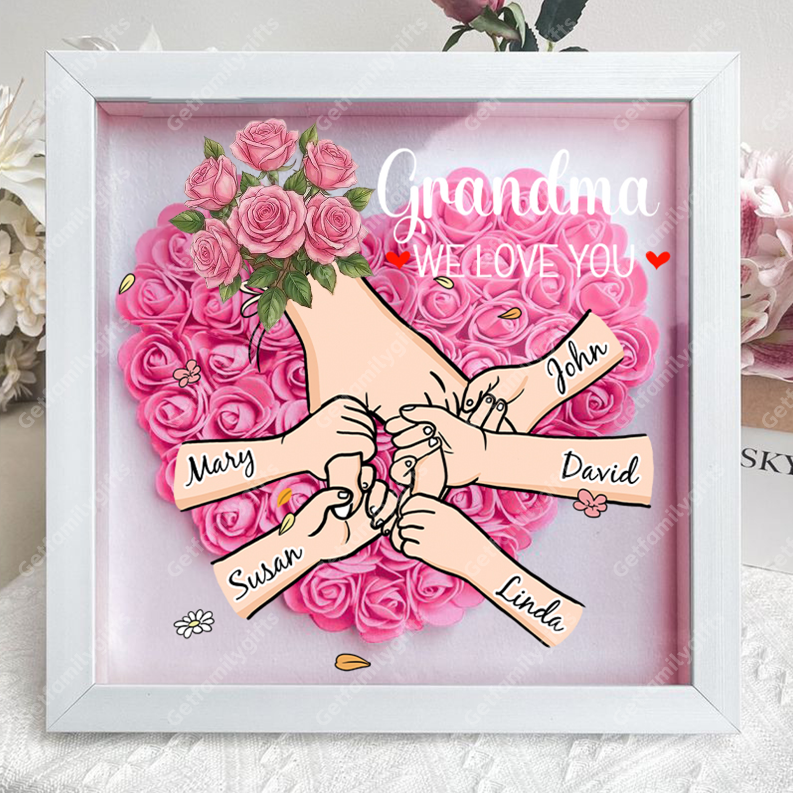 Custom Floral Hand Flower Shadow Box – Holding Hands Frame with Choice of Bouquet, Mother’s Day Gift