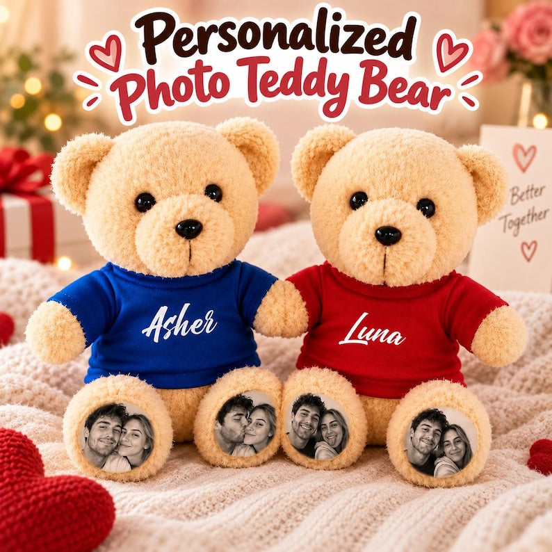 Custom Plush Teddy Bear with Custom Photo Feet & Name Shirt – Cute Custom Plush Gift for Couples, Kids & Loved Ones