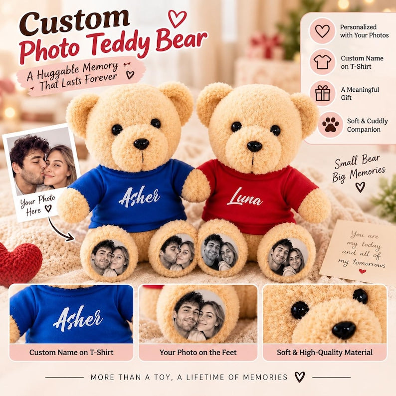 Custom Plush Teddy Bear with Custom Photo Feet & Name Shirt – Cute Custom Plush Gift for Couples, Kids & Loved Ones
