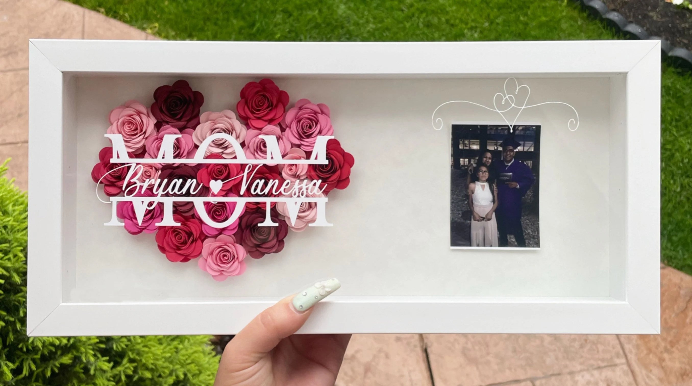 Mom Heart Shaped Monogram Flower Photo Shadow Box | Mom Gift from Daughter | Customized Gift for Christmas, Valentines Day, Birthday
