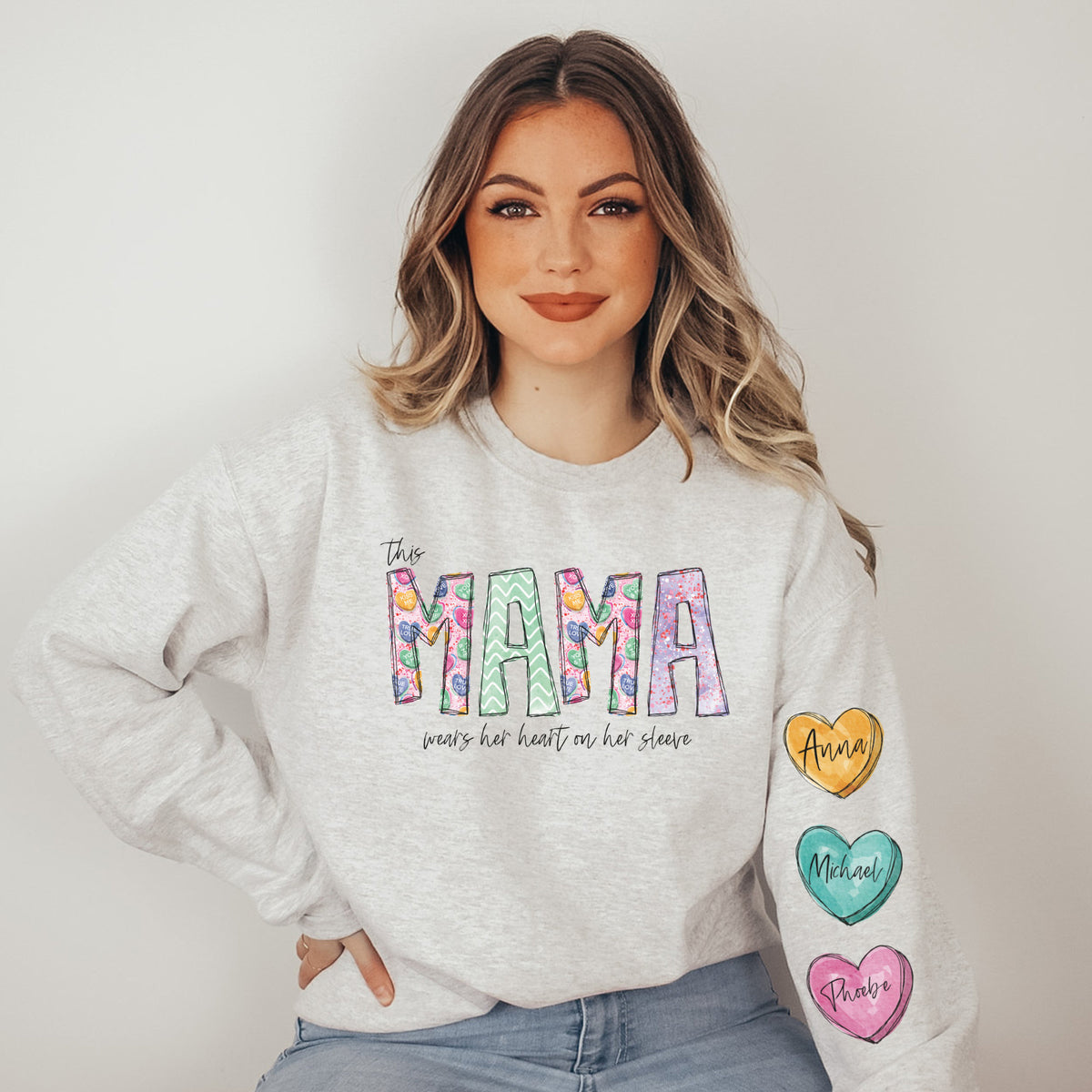 This Mama Wears Her Heart On Her Sleeve Personalized Sweatshirt With Kids Name