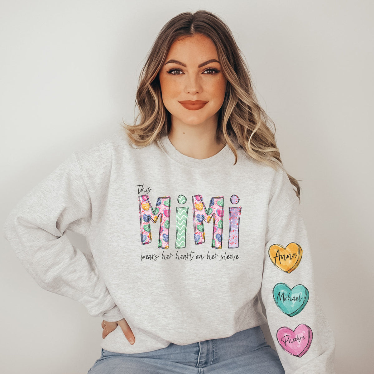 This Mimi Wears Her Heart On Her Sleeve Personalized Sweatshirt with Grandkids Names