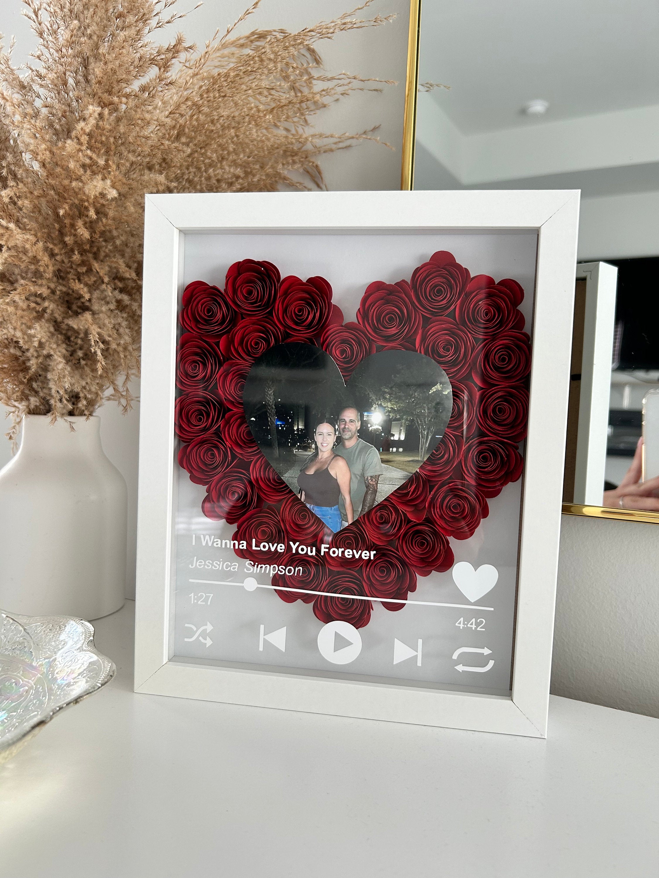 Personalized Roses Flower Shadow Box With Couple Photo For Wedding Anniversary Valentine's Day