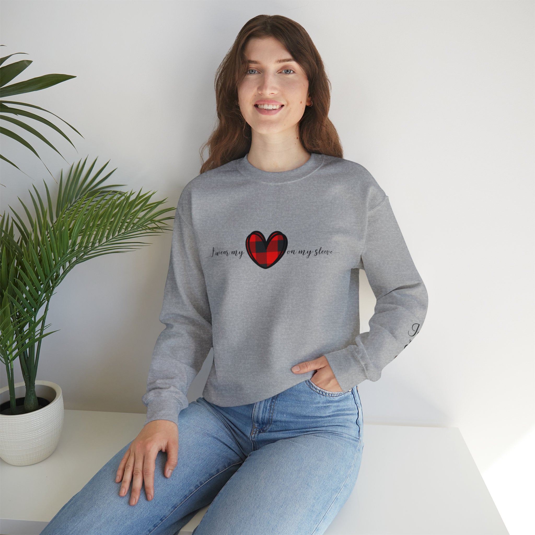 I Wear My Heart Sweatshirt with names heart on sleeve print, Loved ones Sweatshirt, Gift for mom or grandma, Crewneck